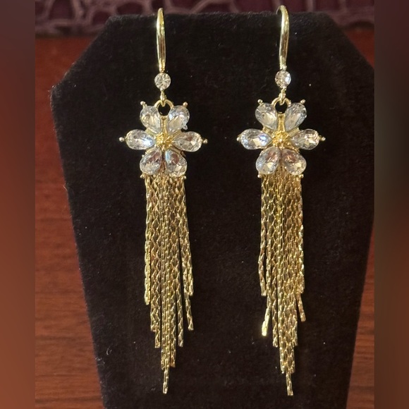 Shiny Crystal Flowers with Gold tone Chain Tassel Glam, Holiday Party Earrings - Picture 7 of 7
